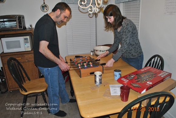 Sarah wanted a foosball table for Christmas. No room for a full size one, but we did get her a table top version!  :)