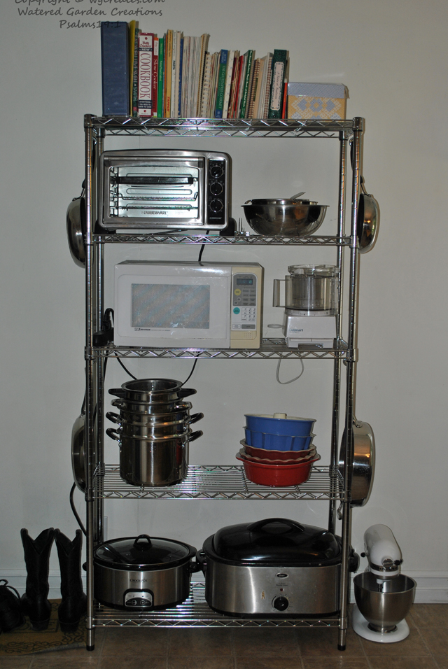 I have always wanted a shelving unit like that, and it has helped free up our cabinets too.